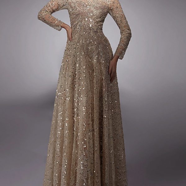 Round Neck Long Sleeve Sequin Solid Color Maxi Dress