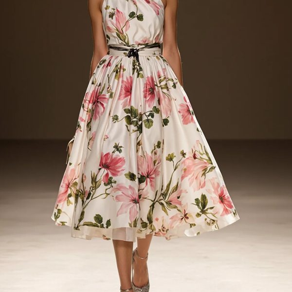 Pink Ruched Floral Classic One Shoulder Sleeveless A-Line Midi Dress