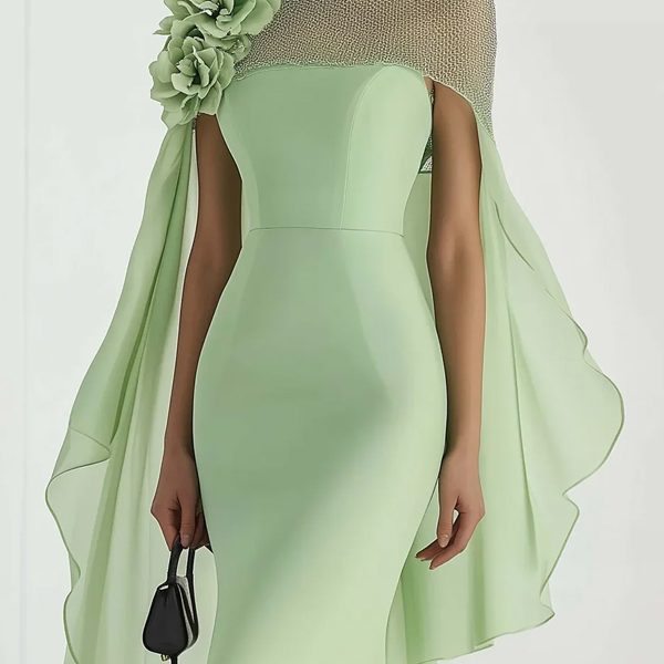 Light Green Round Neck Chiffon Midi Dress