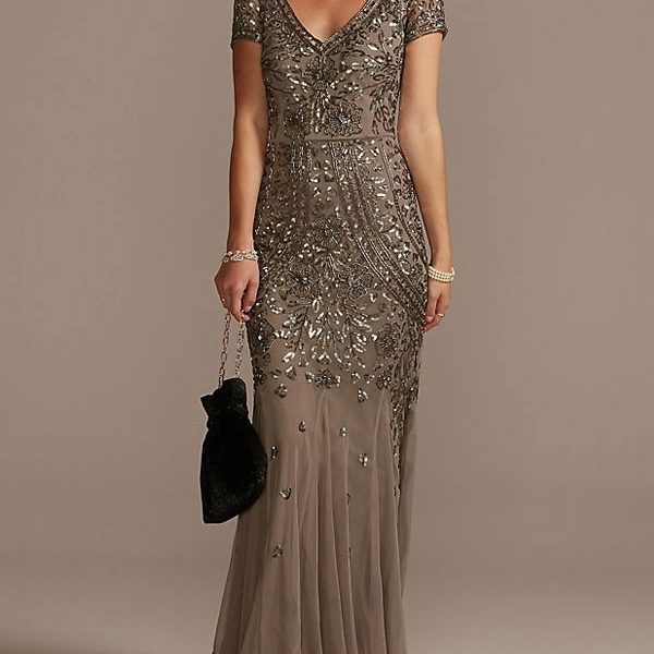 V-neck Beaded Short Sleeve Dress with Godets Mother of the Bride Dress