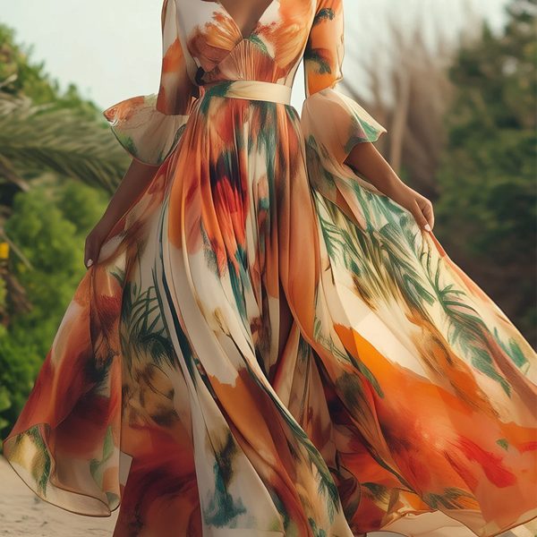 Orange Holiday Floral Print V Neck Maxi Dress