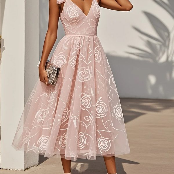 Light Pink Floral Ruffled Classic V Neck Sleeveless Ruffle Sleeve A-Line Midi Dress