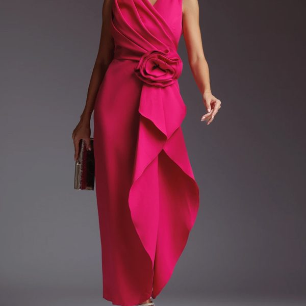 V-neck Sleeveless Solid Color Midi Dress