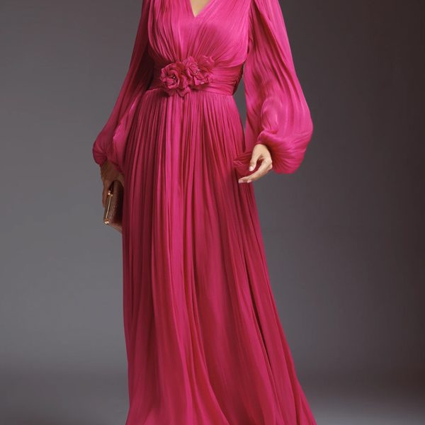 V-neck Long Sleeve Solid Color Maxi Dress