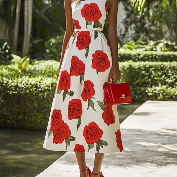 Retro Temperament Red Floral Print Women's Dress