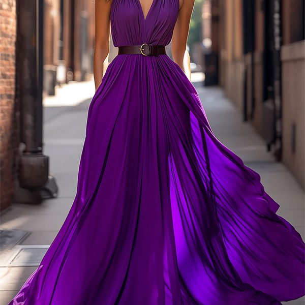 Elegant Plain Gathered V Neck Floor Length Dress No Belt