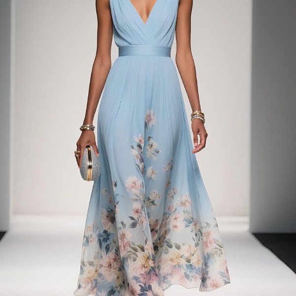 V-neck Sleeveless Printed Maxi Dress