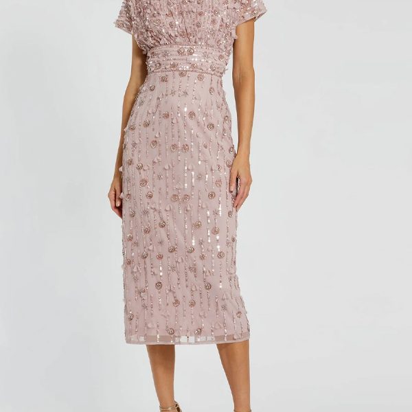 Round Neck Sequined Solid Color Midi Dress