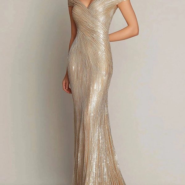 Prom Party Gold Gown V-Neck Off-Shoulder Beaded Maxi Dress