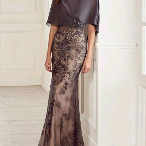 Round Neck Mesh Lace Solid Color Maxi Dress
