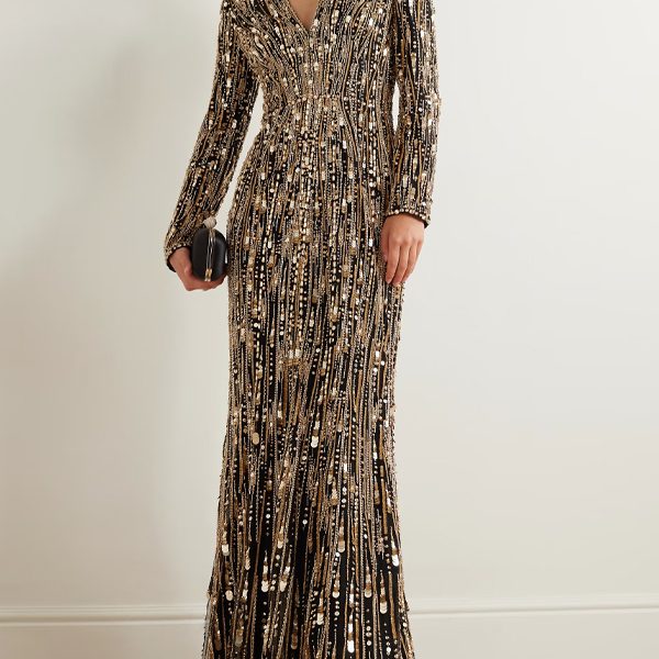 V-Neck Sequined Long Sleeves Maxi Dress
