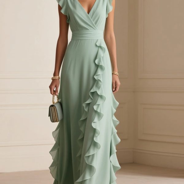 Light Green Ruffled Chiffon V Neck Cap Sleeve Ruffle Sleeve A-Line Maxi Dress