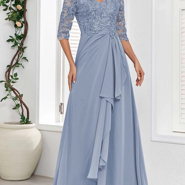 V Neck Half Sleeves Lace Appliques Long Chiffon Mother Of The Bride Dresses