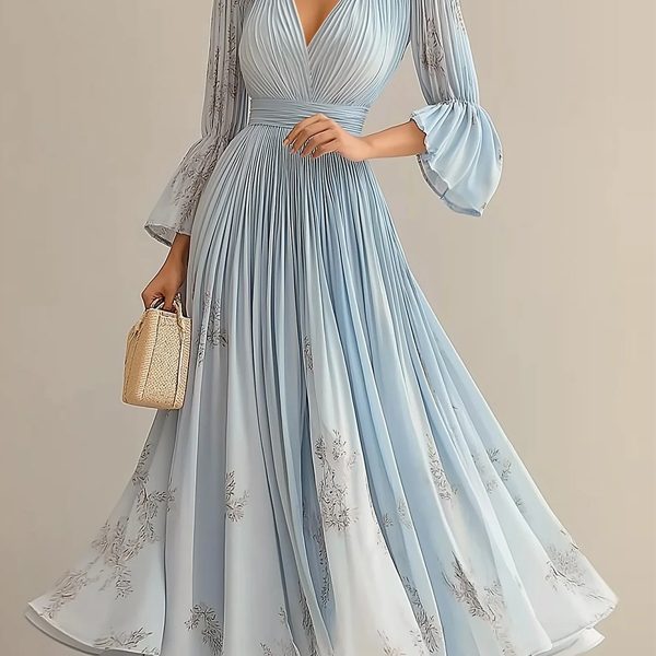 Elegant Floral Bell Sleeve Printing Maxi Dress