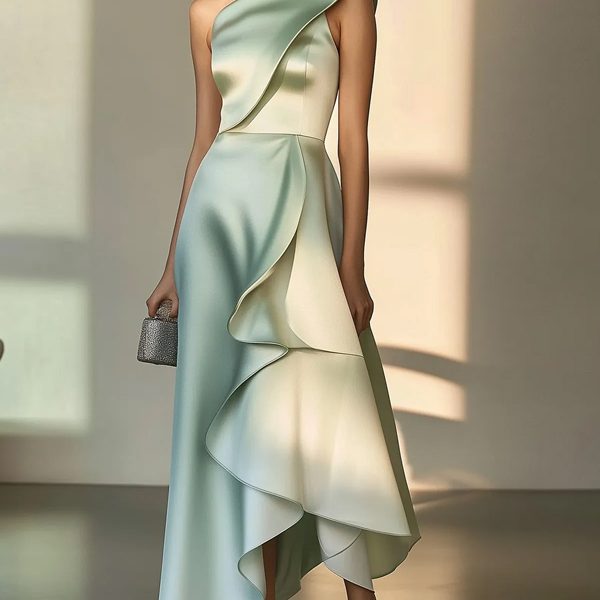 Light Green Satin Asymmetric Ruffle Maxi Dress