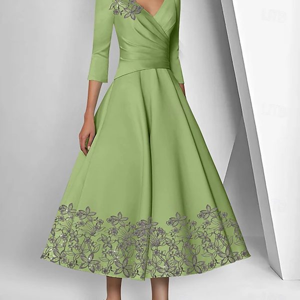 V-neck Satin 3/4 Sleeves Lace Ruffle Sequins Maxi Dress