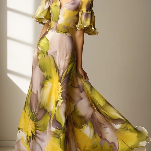Elegant Floral Printing Sweetheart Neckline Maxi Dress