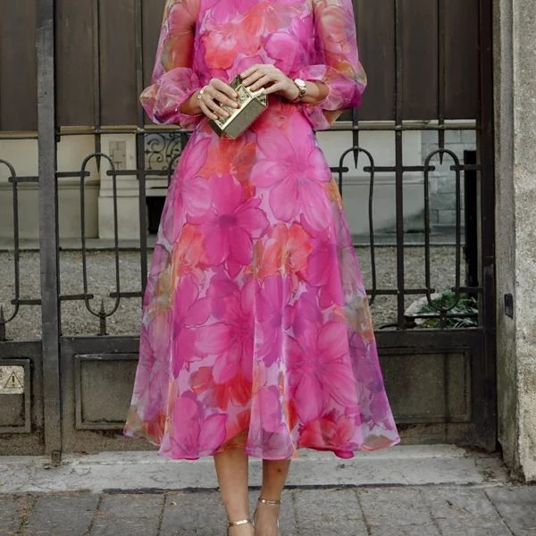 Puff Sleeve Temperament Chiffon Printed Women's Dress