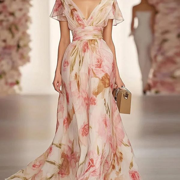 Flower Printed Ruffled Short Sleeves Elegant Chiffon Maxi Dress