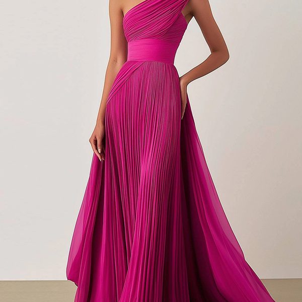 Prom Formal Pleated Dress Rose Color One-Shoulder Floor-Length Dress