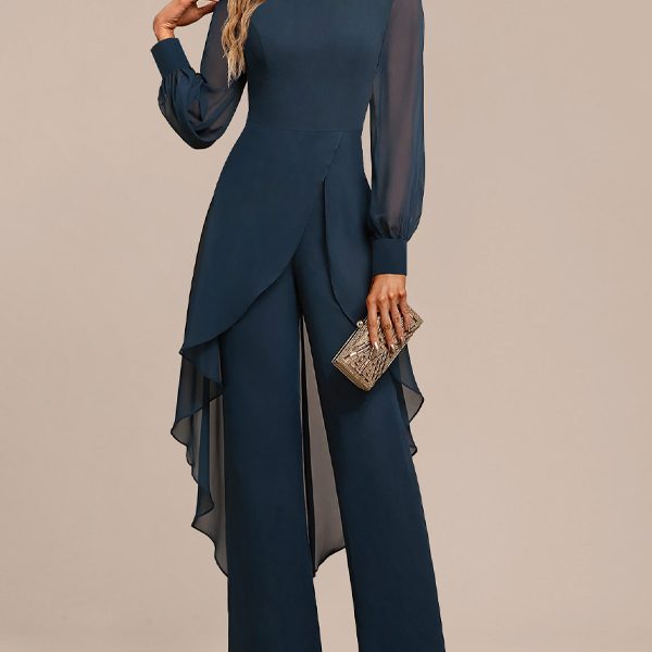 Round Neck Solid Color Long Sleeve Mesh Jumpsuit
