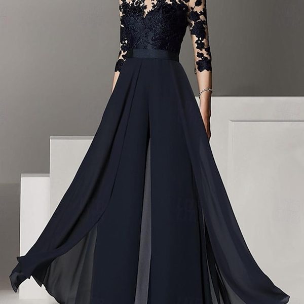 Round Neck Solid Color Lace Jumpsuit