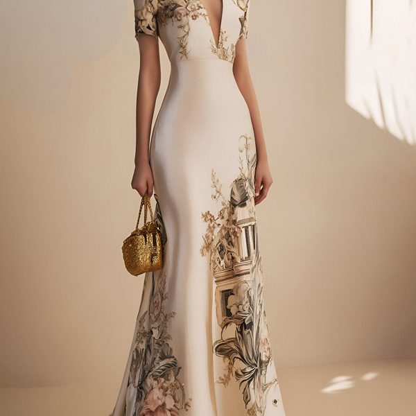 Deep V Print Maxi Dress