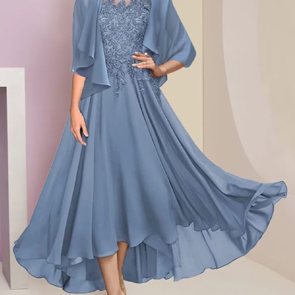 Two-Piece Round Neck Asymmetric Chiffon Lace Short Sleeve Dress