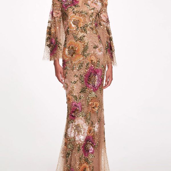 Long Sleeve Sequin Lace Maxi Dress