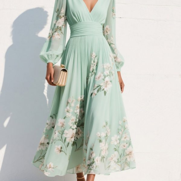 Light Green Ruched Floral Chiffon V Neck Long Sleeve Balloon Sleeve A-Line Maxi Dress