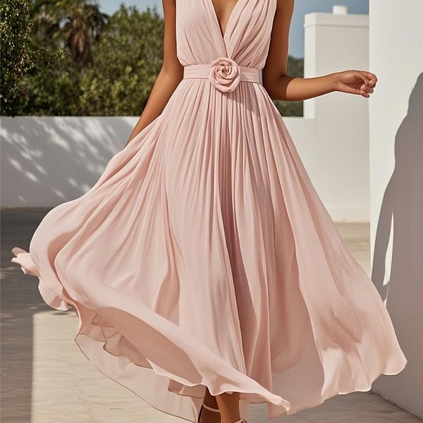 V-neck Sleeveless Solid Color Chiffon Maxi Dress