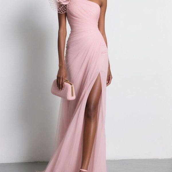 Pink 3D Floral Slit Classic One Shoulder Sleeveless Sheath Gown Dress
