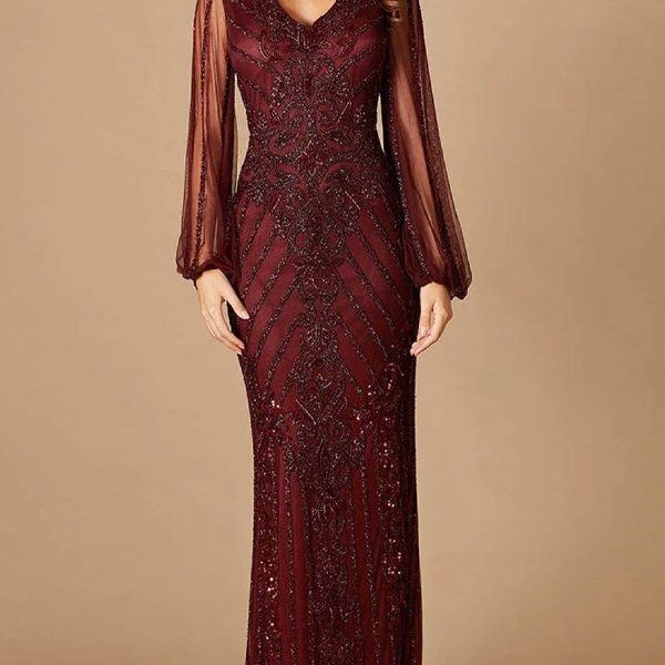 V-Neck Long Sleeve Lace Solid Color Maxi Dress