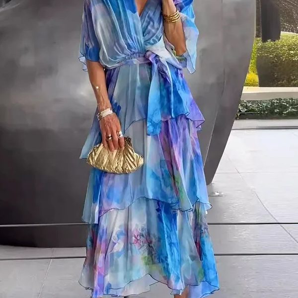 Flower Printed Gradient Ruffled Half Sleeves Maxi Dress
