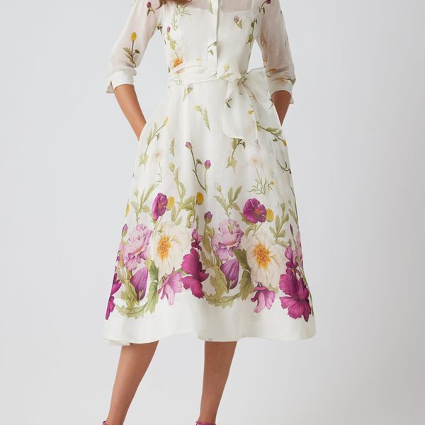 Silk-Linen Floral Border Print Shirtwaist Dress