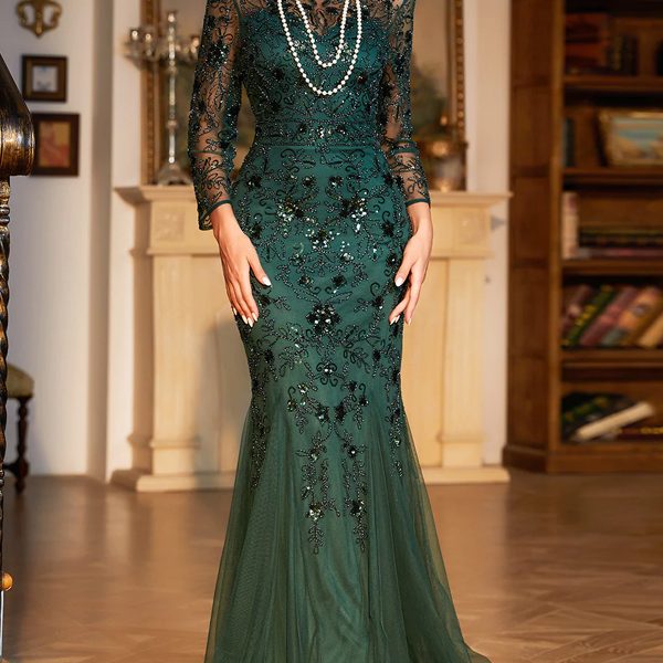 Round Neck Long Sleeve Mesh Sequins Solid Color Maxi Dress