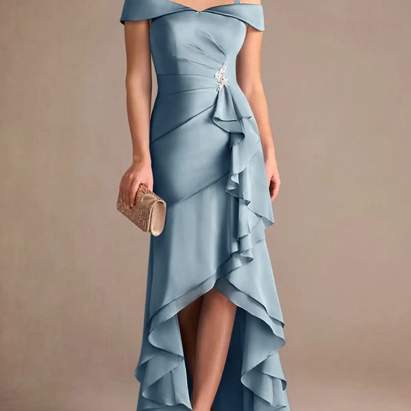 Dusty Blue Mermaid Off the Shoulder Stretch Satin Dress