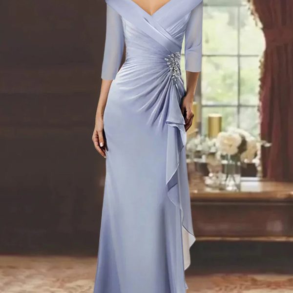 Sheath/Column V-Neck Half Sleeves Floor-Length Mother of the Bride Dresses with Ruffles & Appliques