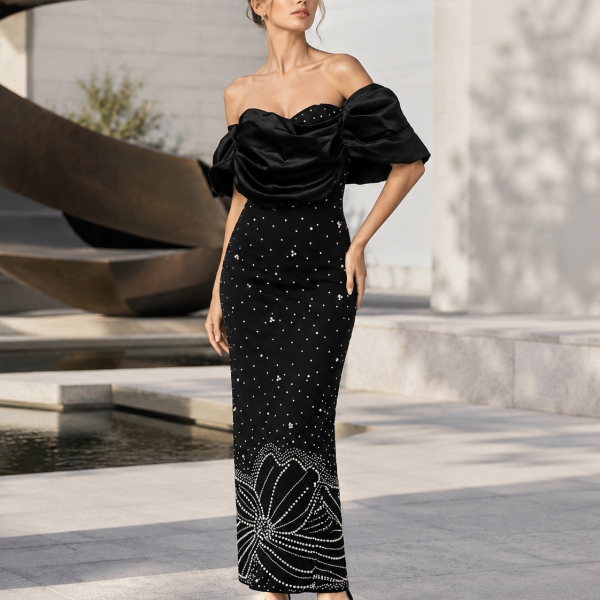 Elegant Off Shoulder Beaded Rhinestone Pearl Formal Maxi Dress